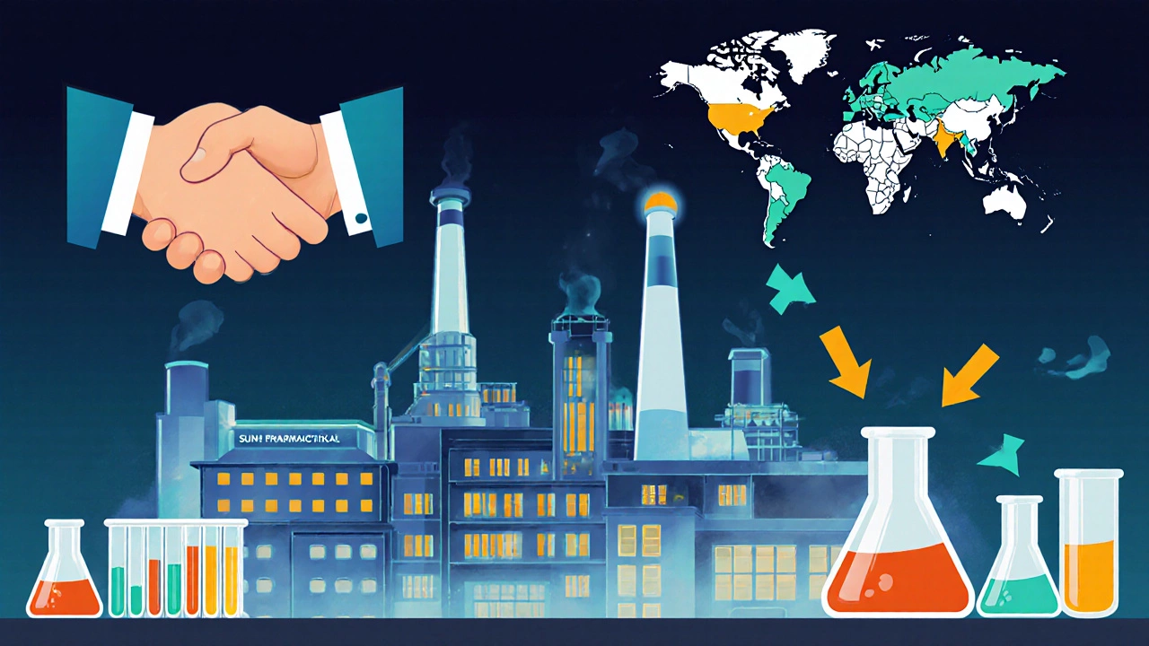 Artistic collage showing Sun Pharma factory, acquisition handshake, and global export arrows.