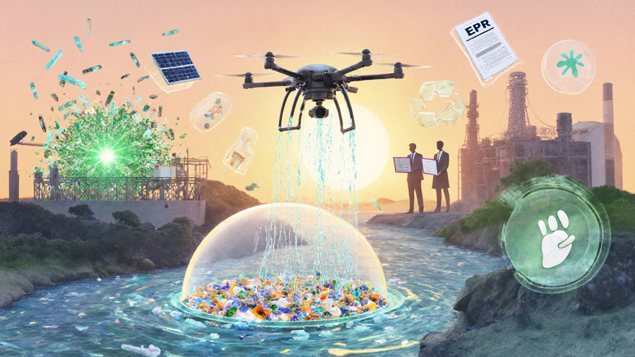 Collage of river interceptor, recycling hub, drone, and policy icons representing solutions.