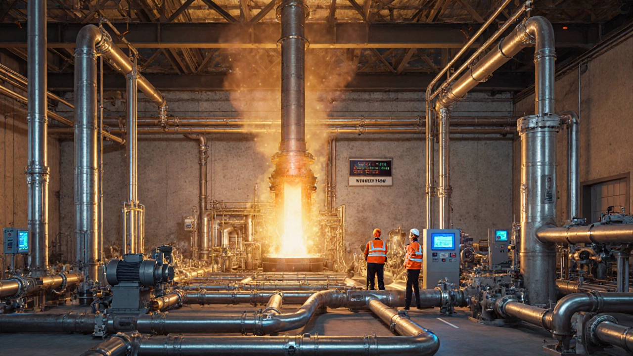 Continuous flow refinery with glowing pipelines, furnace, and workers in safety gear.