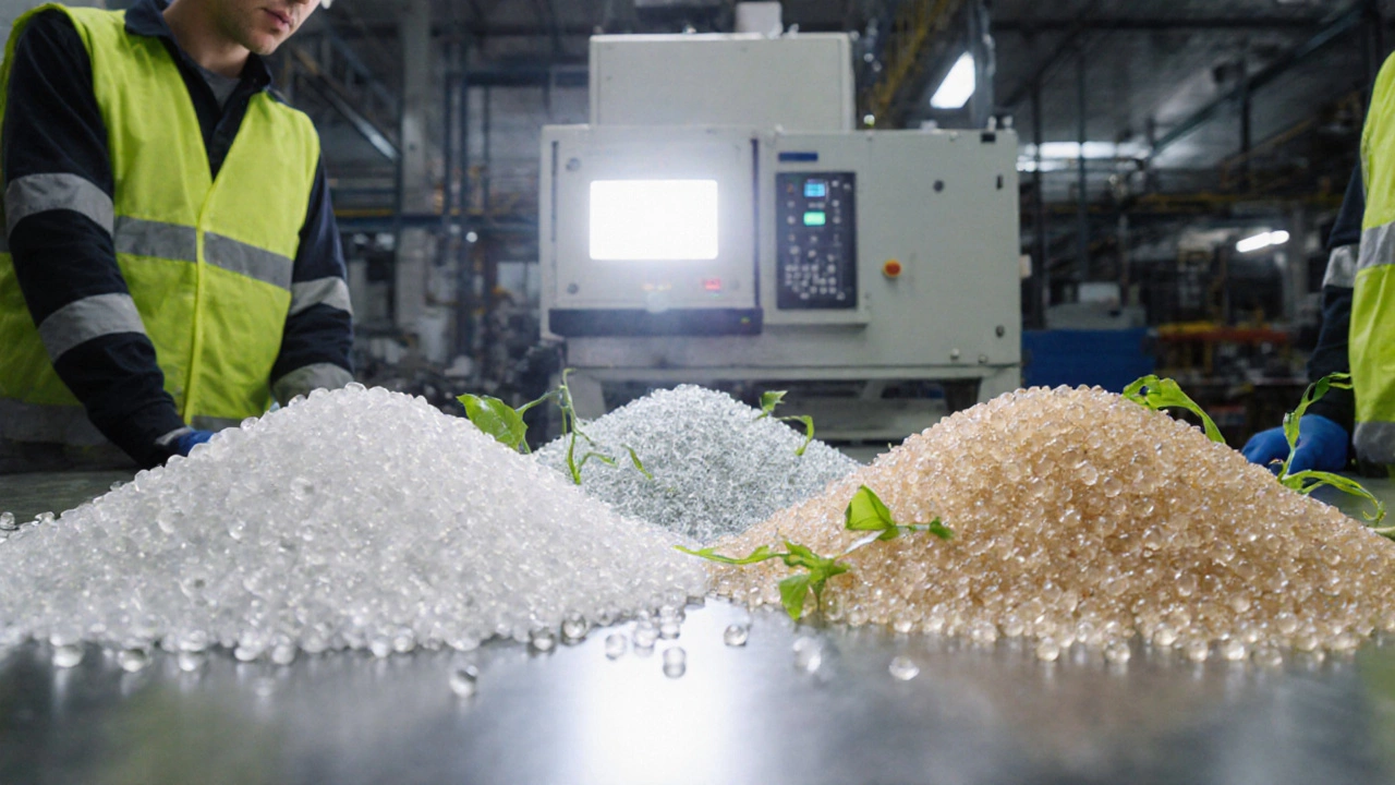 Engineers testing virgin, recycled, and bio‑based plastic pellets on a factory floor.
