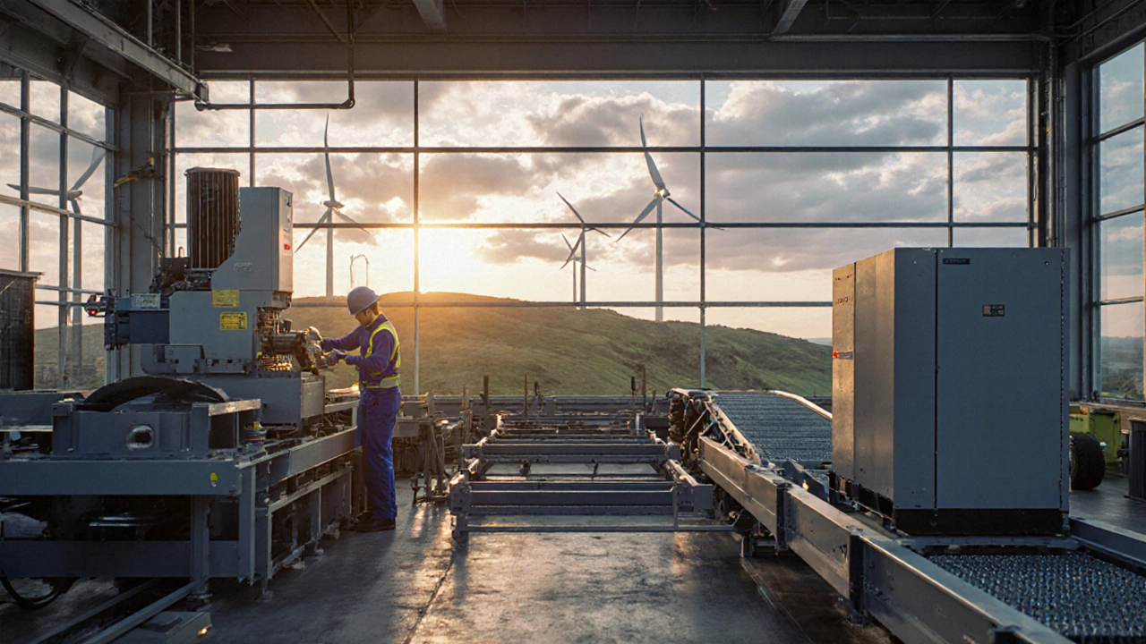 Factory interior with technicians assembling turbine blade molds and solar inverters under natural light.