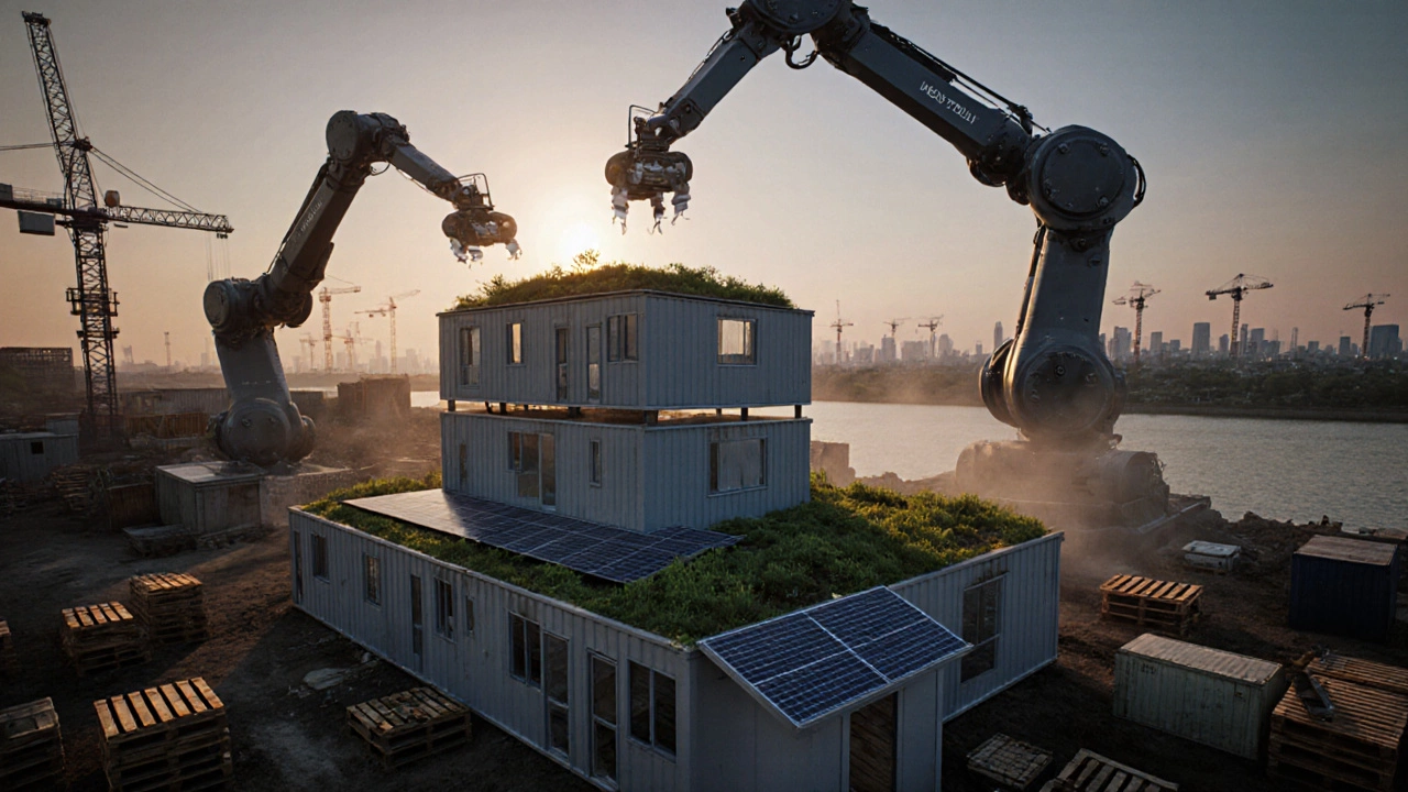 Futuristic hub where robots build modular housing units with green roofs on a riverbank.