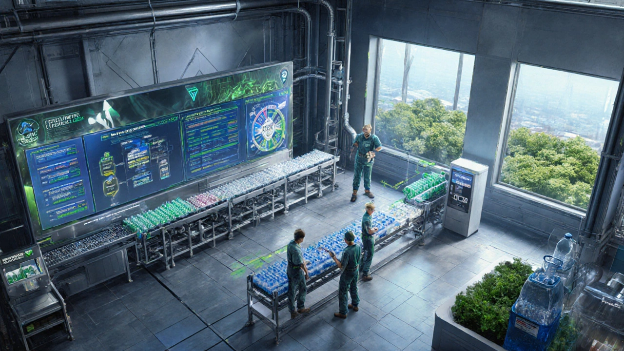 Futuristic plastic factory with recycled material flow and a refill station.
