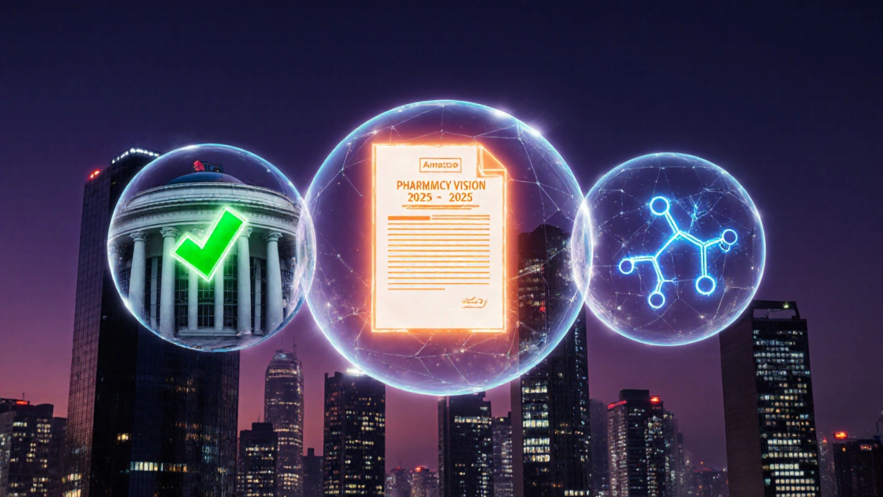 Futuristic scene of three glowing spheres showing FDA approval, Indian pharma plan, and AI molecular design over a city skyline.