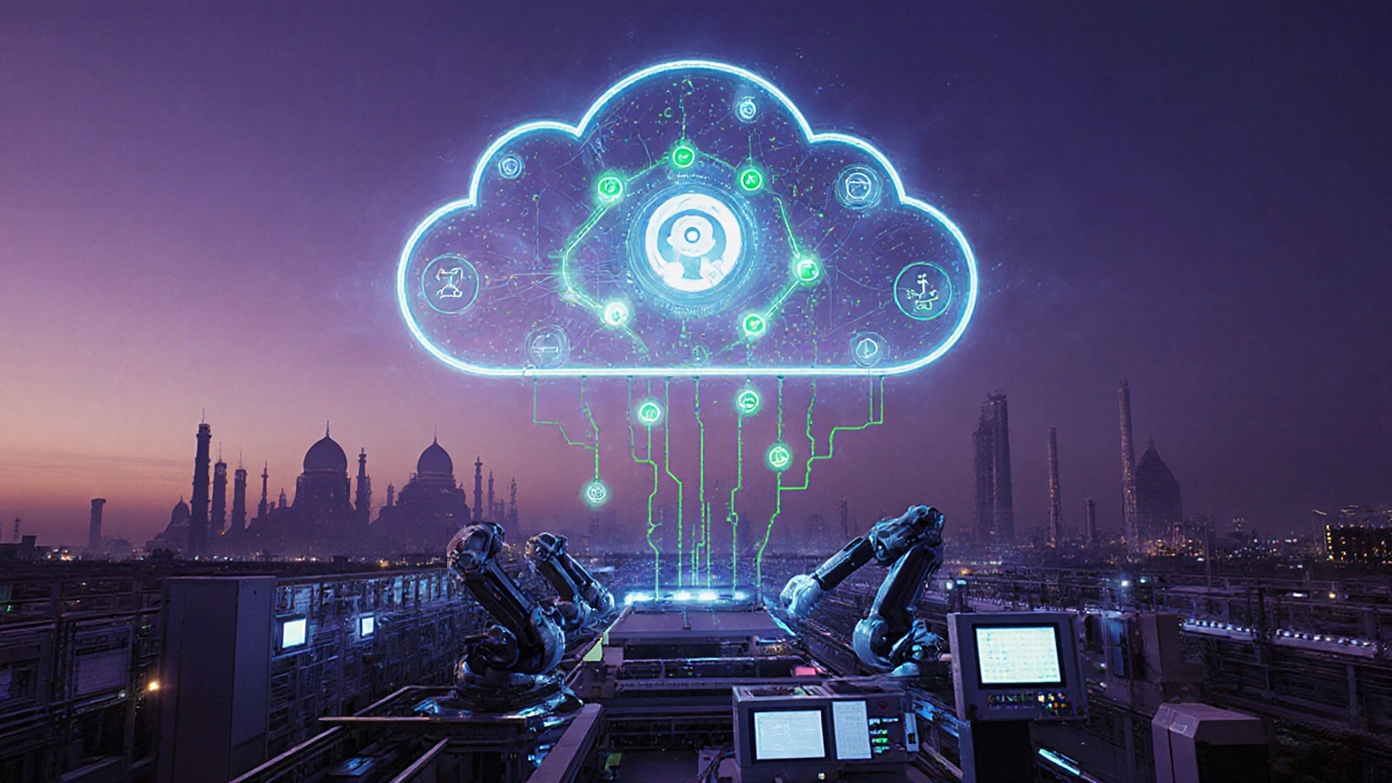 Futuristic smart factory with holographic digital twin, AI icons, and cloud symbols representing advanced MES and MOM.