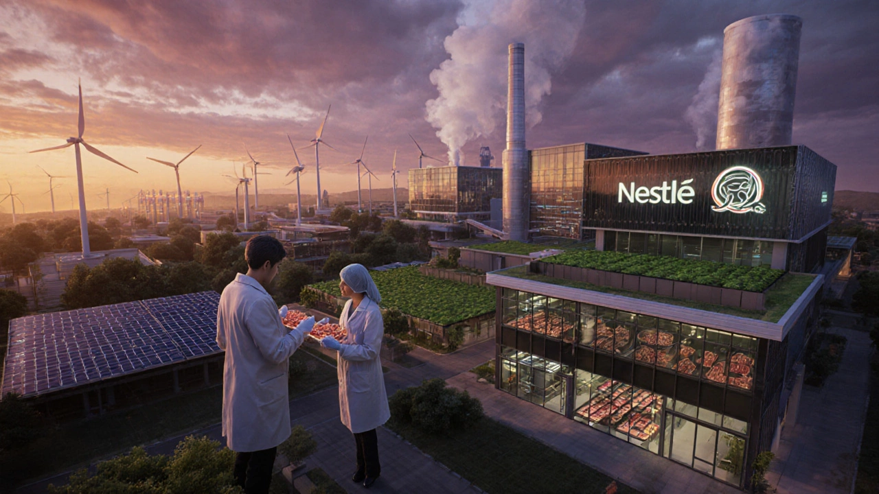 Futuristic sustainable food campus with plant‑based lab and green energy.