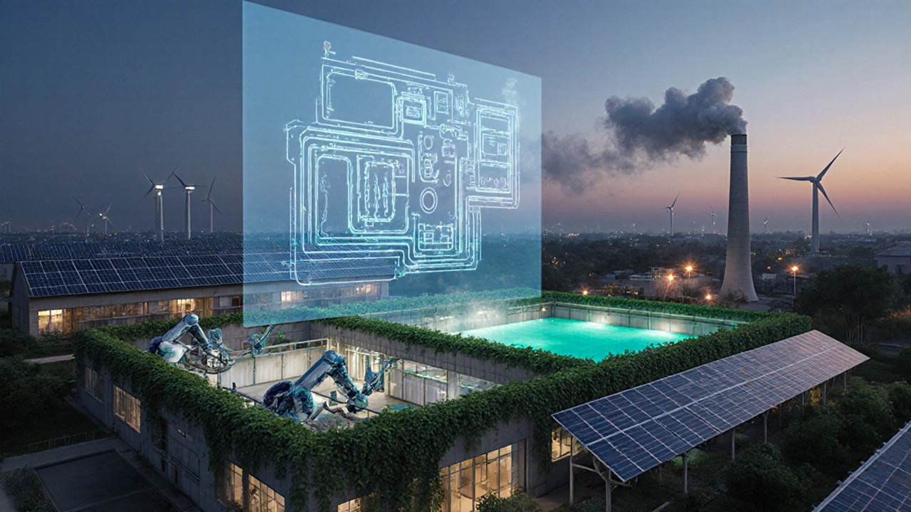 Futuristic sustainable textile park with solar panels, AI robots, and holographic twin.