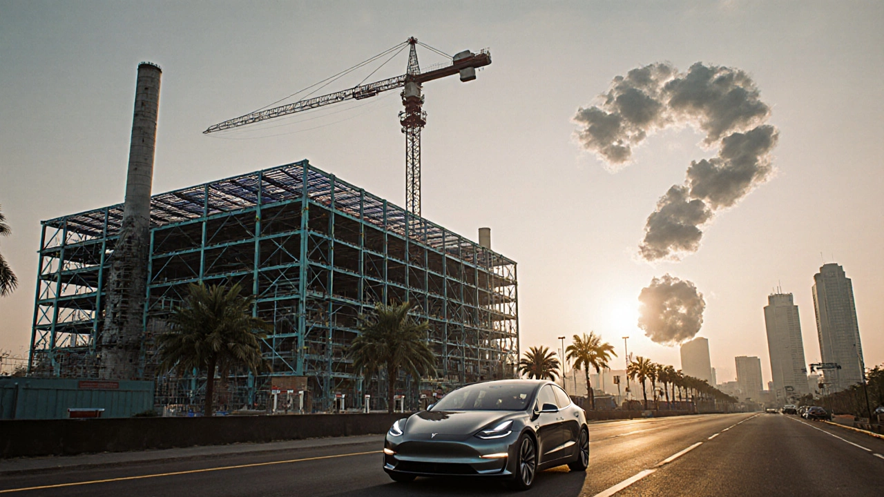 Futuristic Tesla Gigafactory under construction near Chennai with a Model 3 on the road.
