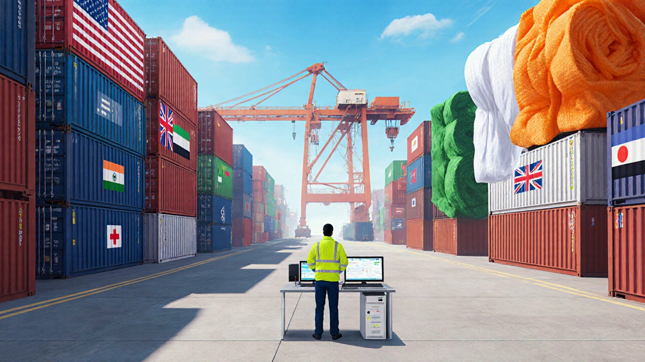 High‑tech textile export hub showing AI monitoring and colorful fabric rolls.