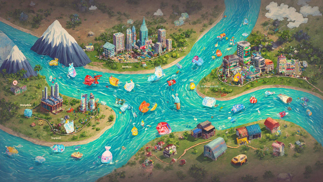 Illustrated map showing major rivers carrying plastic waste toward the sea.