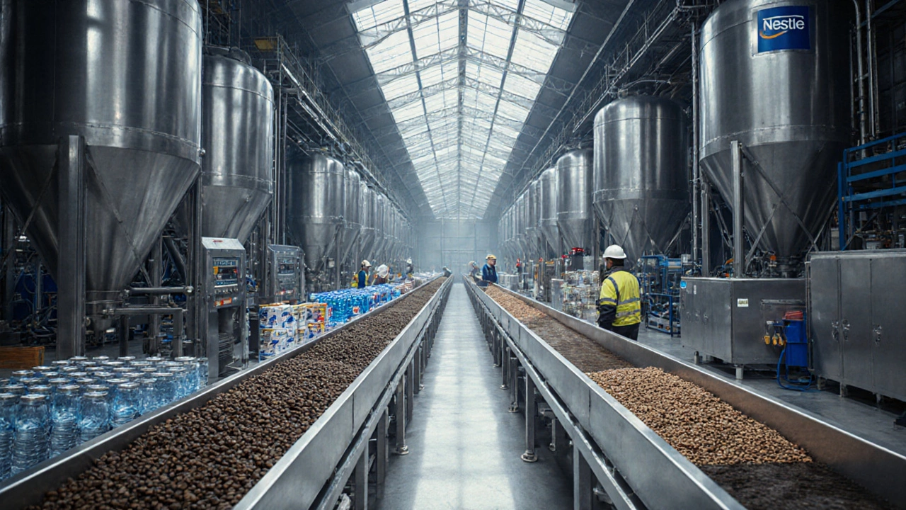 Inside a large Nestlé factory showing diverse product lines on conveyor belts.