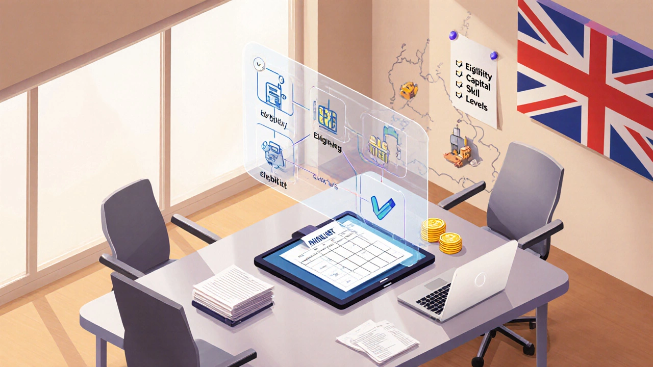 Isometric scene of a UK grant meeting with holographic funding icons and factory map.