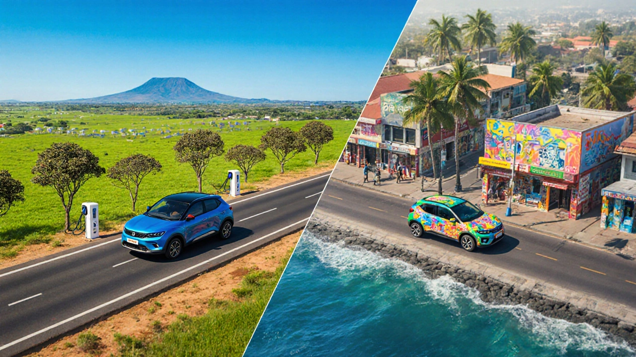 Isometric scene of Indian EVs on Kenyan and Brazilian roads.