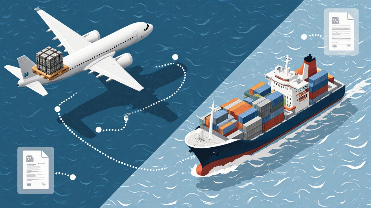 Isometric view of cargo plane and container ship routes from Mumbai to the US with floating documents.