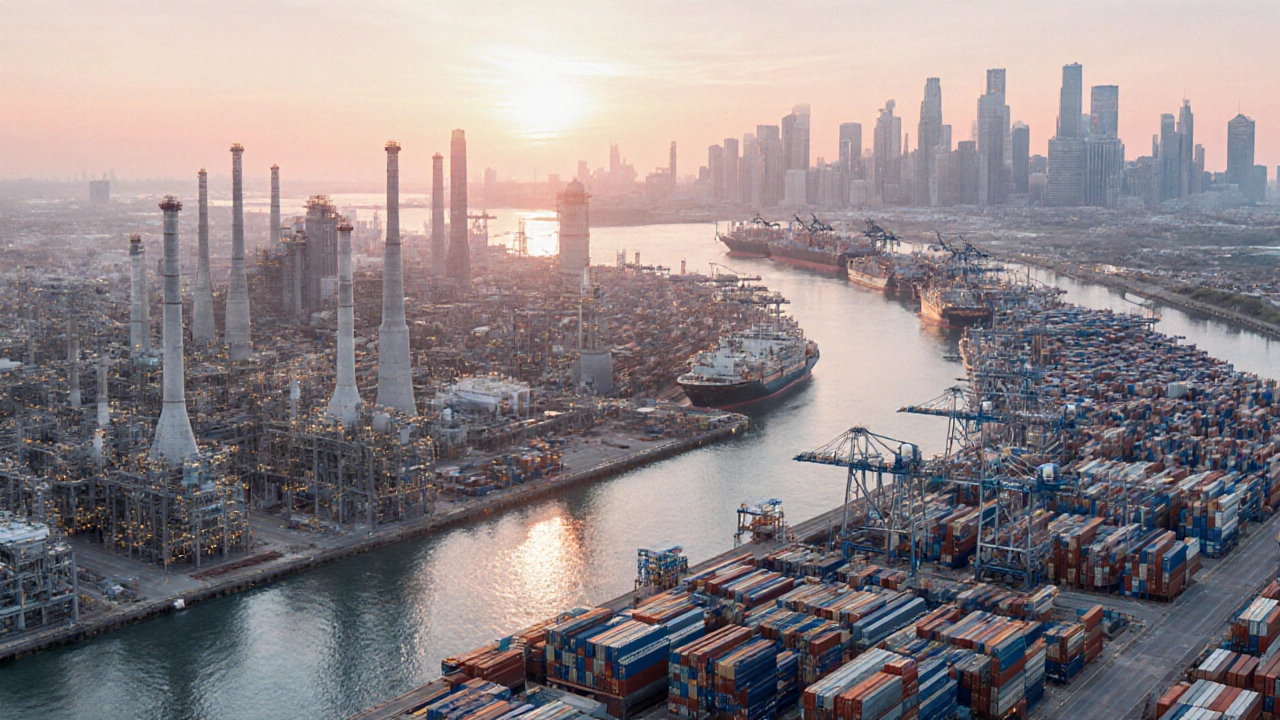 Isometric view of Houston, Rotterdam, and Singapore as major plastic resin hubs.