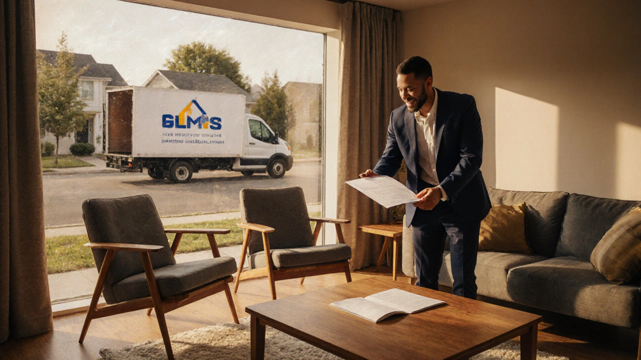 Living room with imported wooden furniture, customs broker handing paperwork, delivery truck outside.