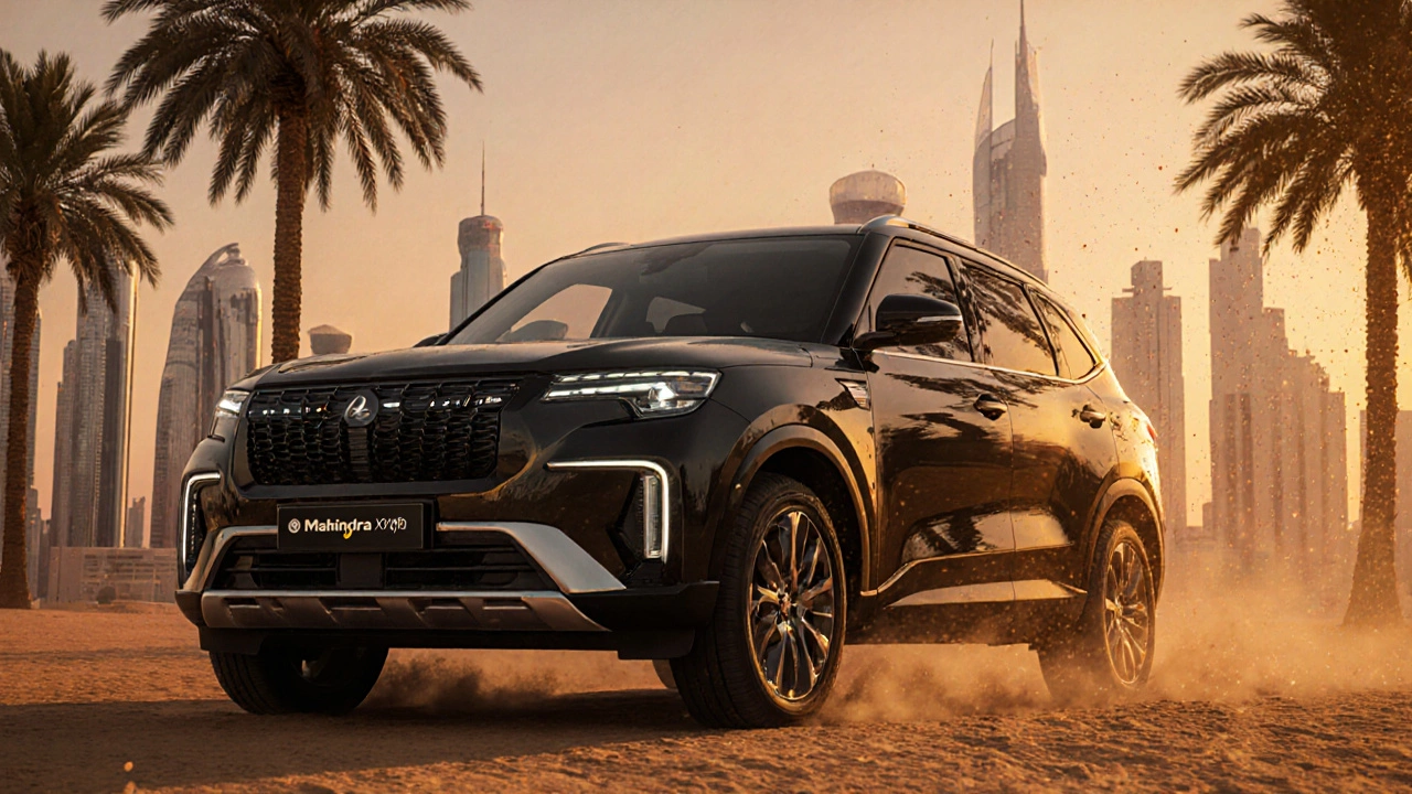 Luxury Indian SUV parked in a sunset UAE desert city skyline.