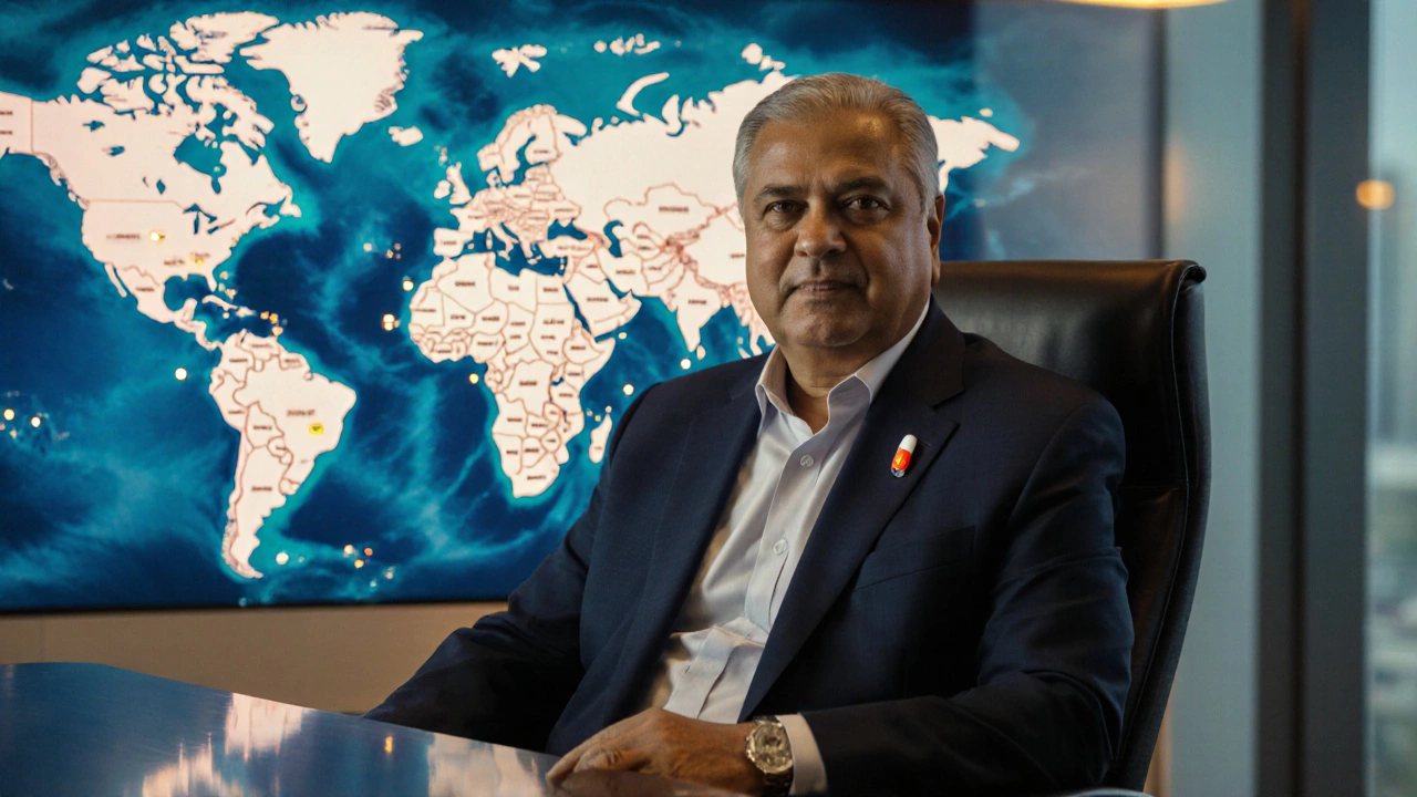 Portrait of Dilip Shanghvi seated in a boardroom with a world map backdrop.