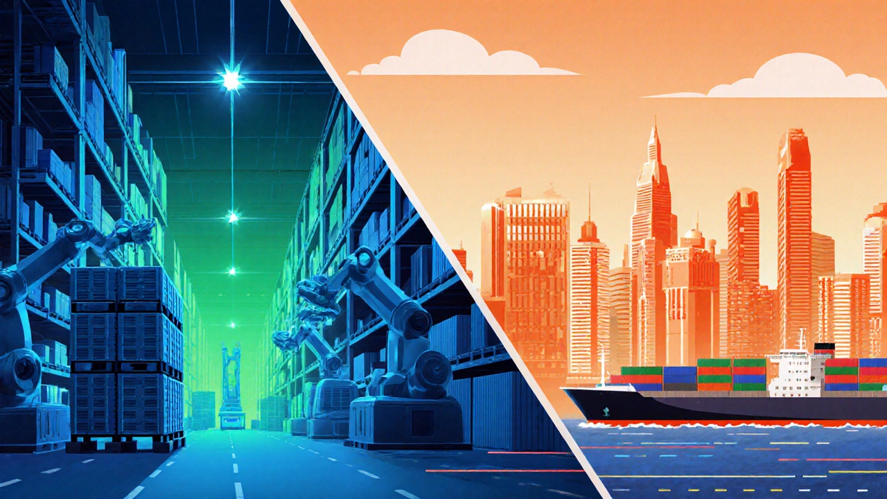 Split scene of a U.S. warehouse and Indian city skyline illustrating future furniture trade.