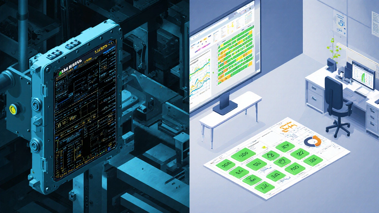 Split view showing MES device with granular machine data and MOM dashboard with scheduling and analytics.