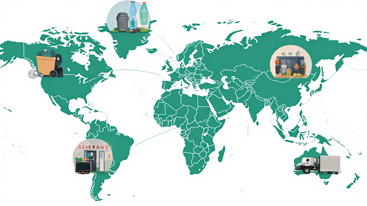 World map showing vignettes of Sweden, Japan, Slovenia, South Korea, and Germany with waste‑reduction scenes.